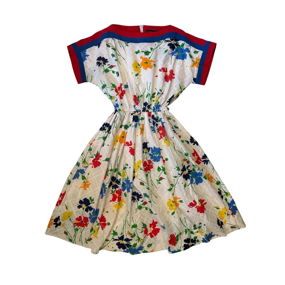 Vintage ‘70s ‘80s Bright Floral Midi Dress Size 12 SANS ÂGE Red Blue White Green - Picture 4 of 11